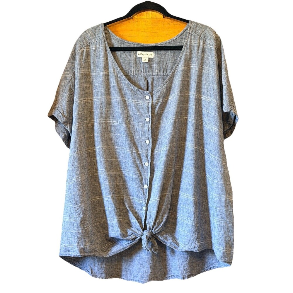 Ava & Viv 3X Gray Chambray Button Up Shirt Tie Front Short Sleeve Linen Cotton